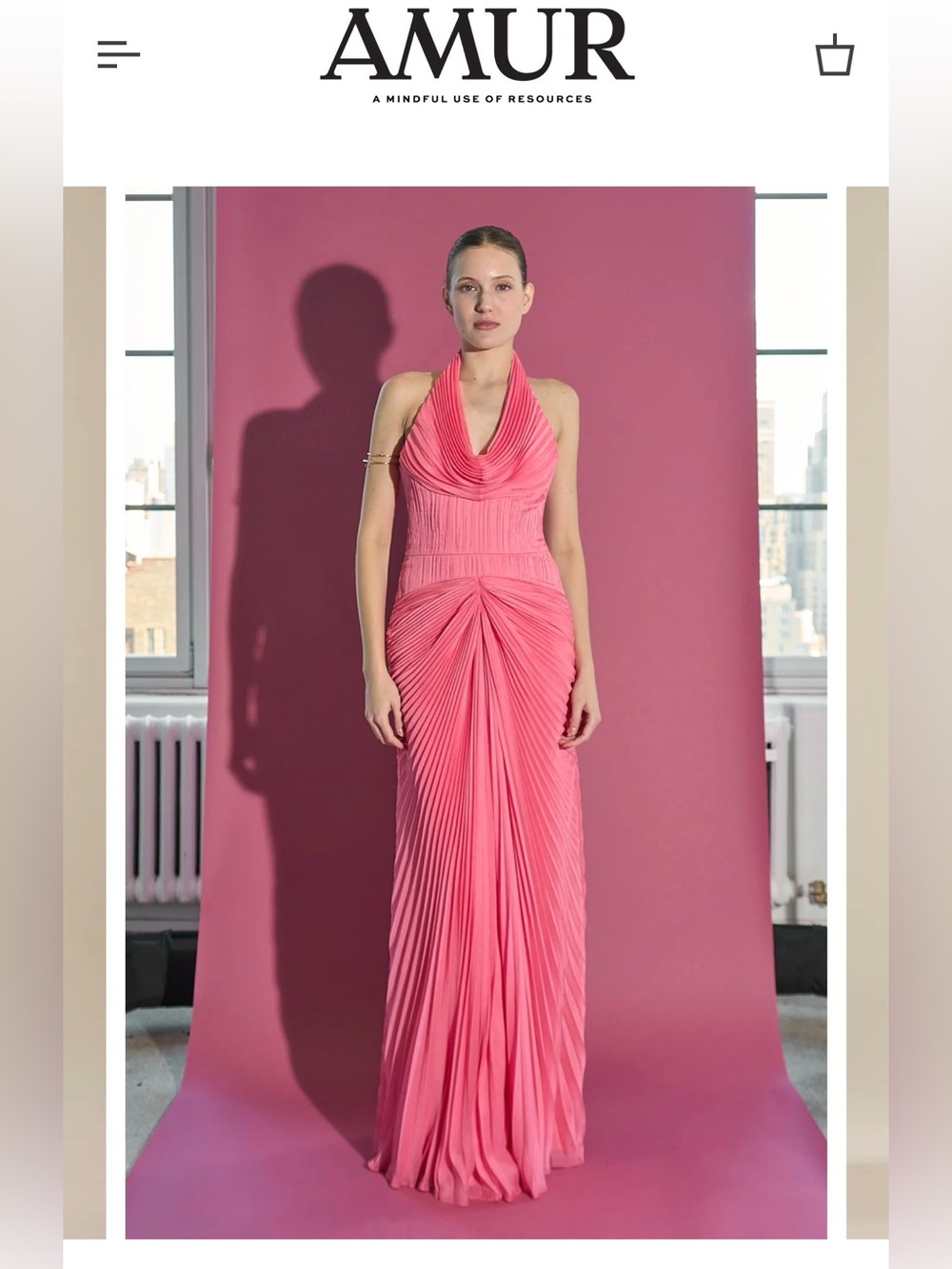 AMUR Coral Pink Halter Pleated Maxi Dress